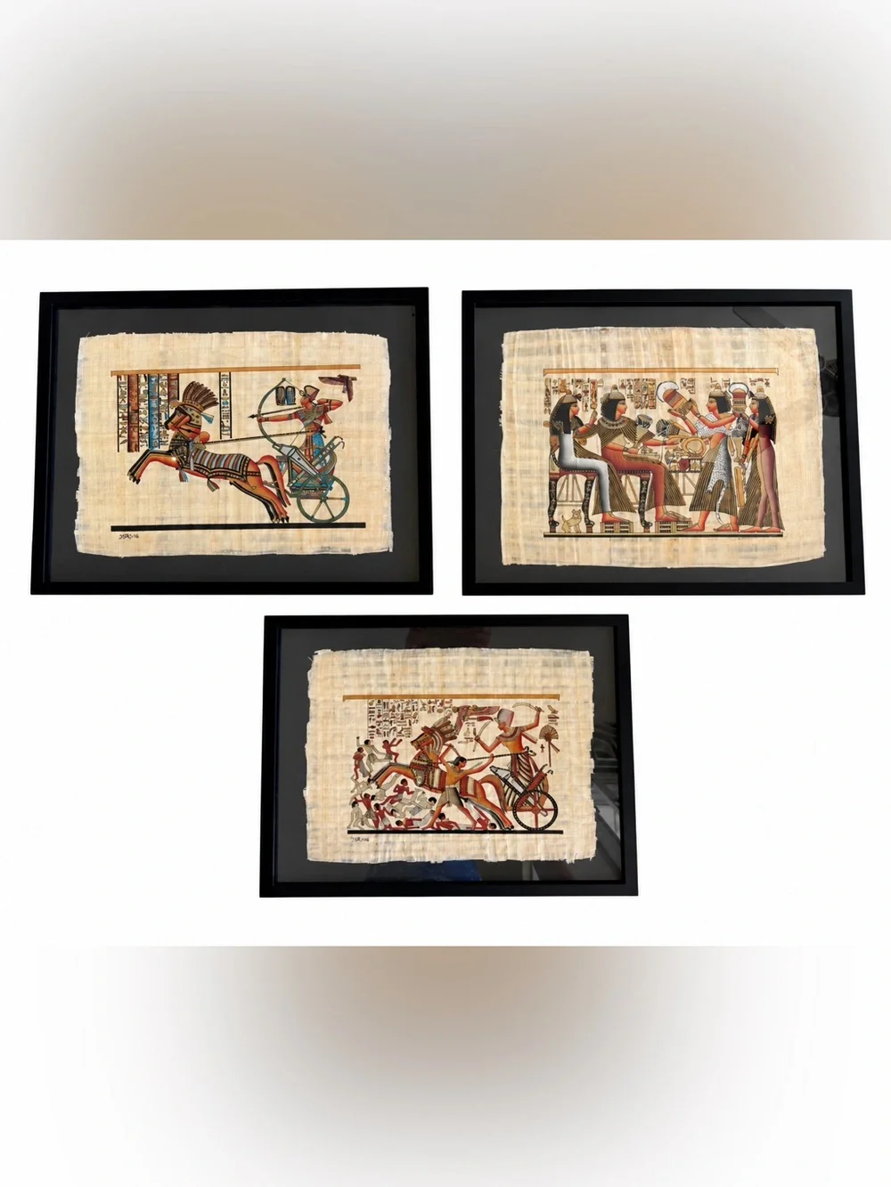 Set of 3 Vintage Egyptian Papyrus Art Framed Under Glass by Adel Ghabour